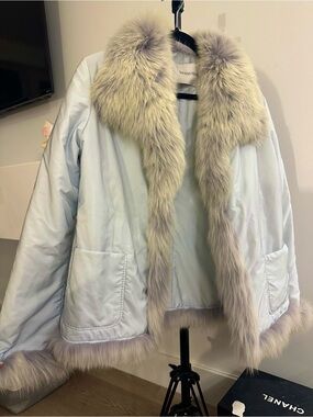 Ermanno Scervino Light Blue Faux Fur Trim Women's Jacket